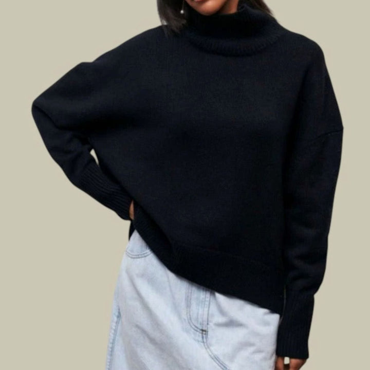 Locker Geschnittener Rollkragenpullover für Damen Relaxed Fit - Schwarz