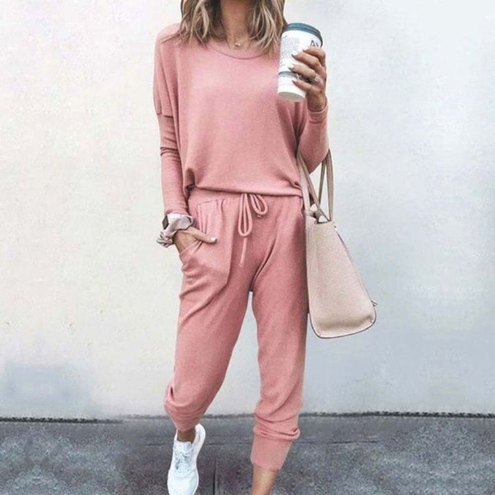 Stilvolles Lounge Set für Damen Langarm Rundhals Zweiteiliges Hausanzug Set - Rosa