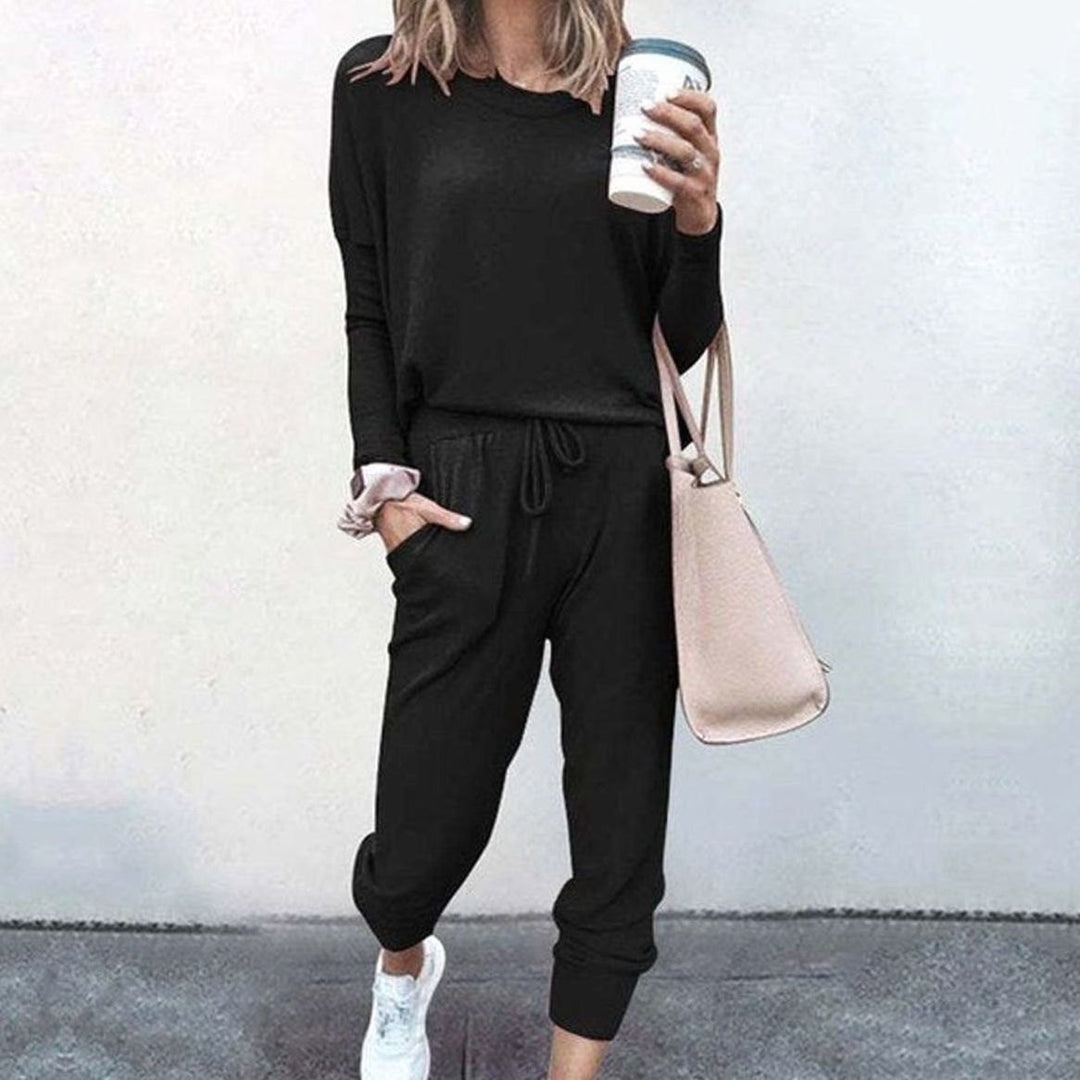 Stilvolles Lounge Set für Damen Langarm Rundhals Zweiteiliges Hausanzug Set - Schwarz