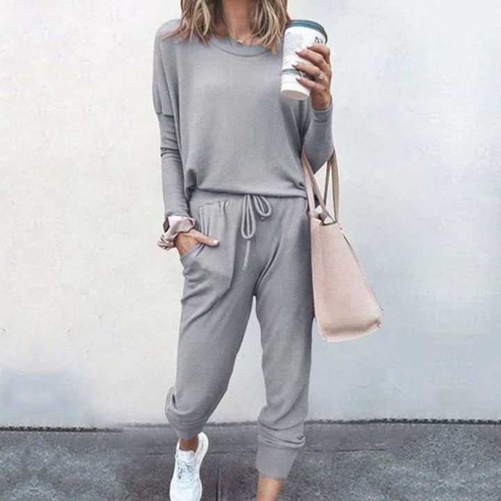 Stilvolles Lounge Set für Damen Langarm Rundhals Zweiteiliges Hausanzug Set - Grau