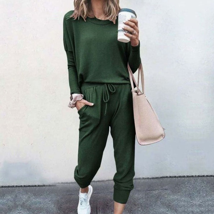 Stilvolles Lounge Set für Damen Langarm Rundhals Zweiteiliges Hausanzug Set - Grün