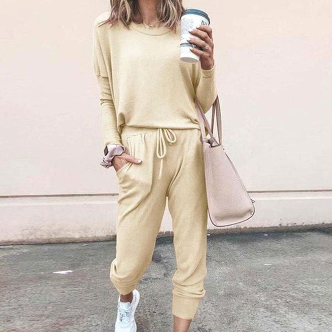 Stilvolles Lounge Set für Damen Langarm Rundhals Zweiteiliges Hausanzug Set - Gelb
